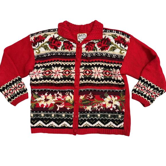 Heirloom Collectibles Fair Isle Floral Cardigan Red Black M Oversized 80s 90s - Picture 1 of 2